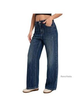 High Waist Wide Leg Jeans Rhinestone Embellished Denim Pants